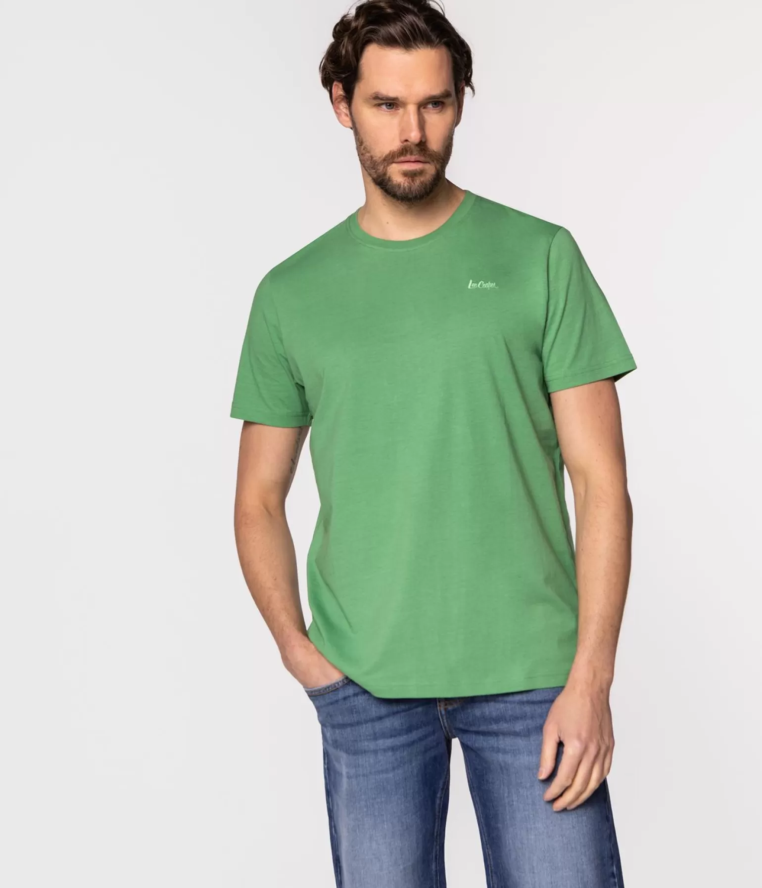 Lee Cooper T-shirty*T-shirt Z Małym Haftowanym Logo  OBUTCH 0875 MEDIUM GREEN